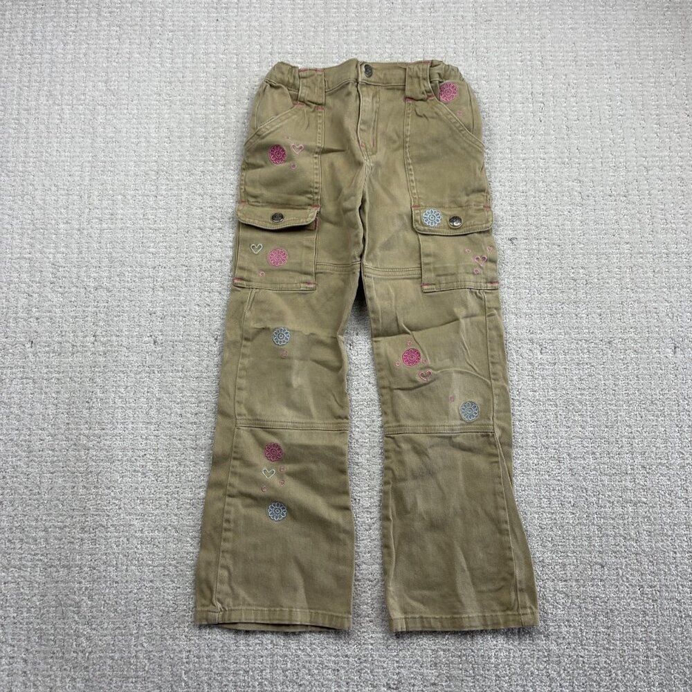 Y2K Baggy Wide Cargo tech Pants Beige Floral Boho Skater AOP Girl Size 6x